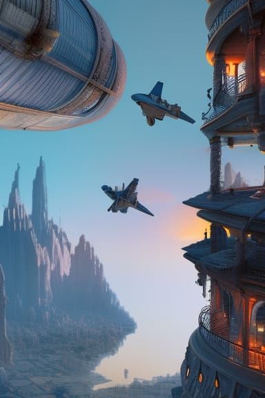 Sunset Plane Over City: Detailed Matte Painting