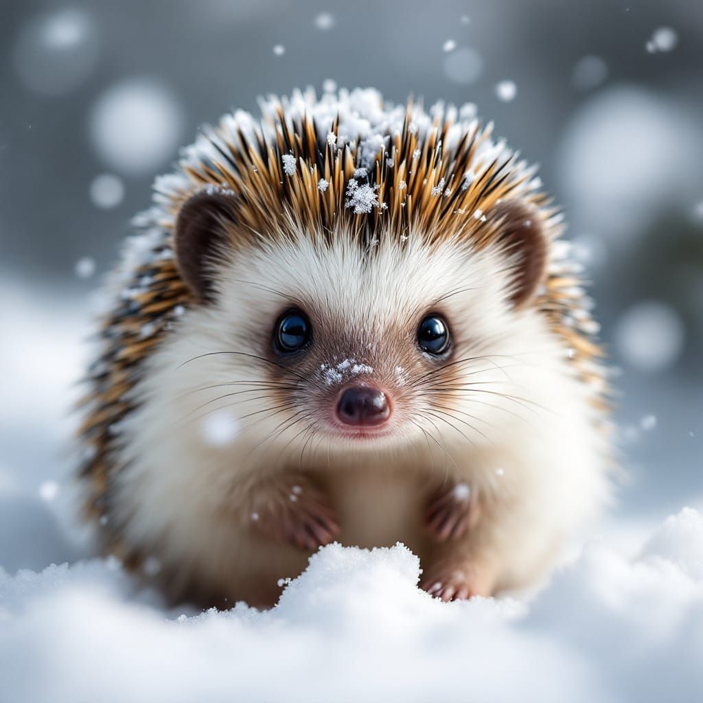 Realistic Hedgehog Portrait in Snowy Winter Scene