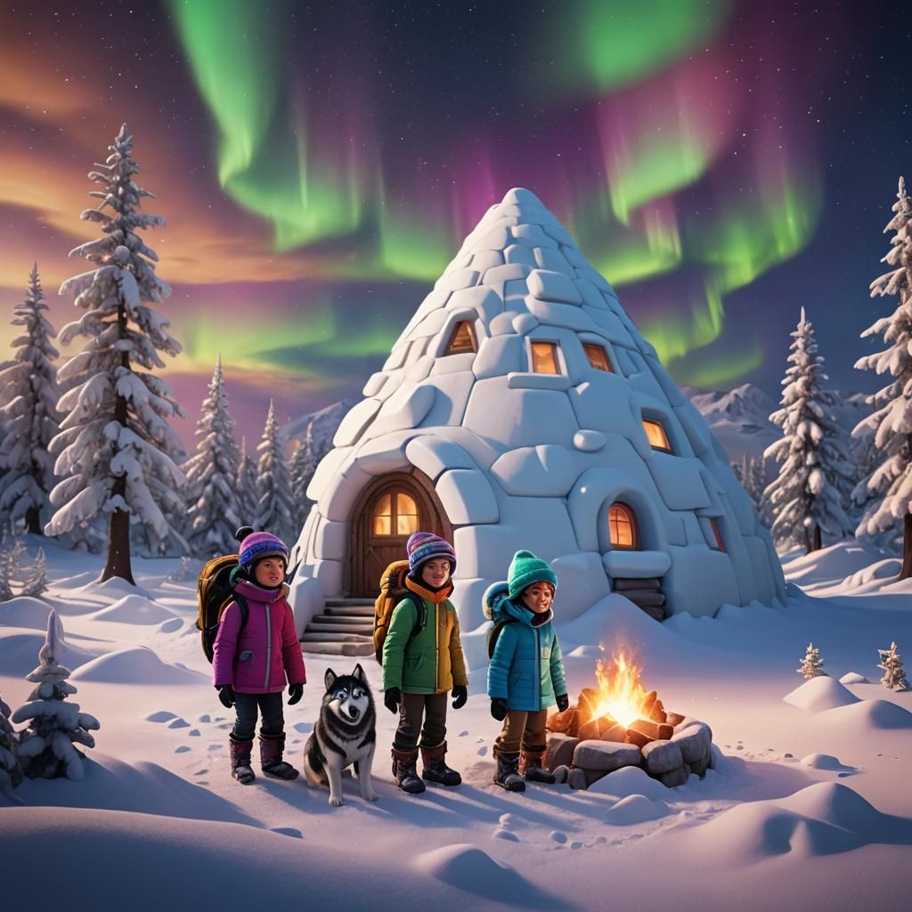 3-D animated cartoon Siblings in a snowy landscape, building an igloo together under the northern lights. Both are bundl...