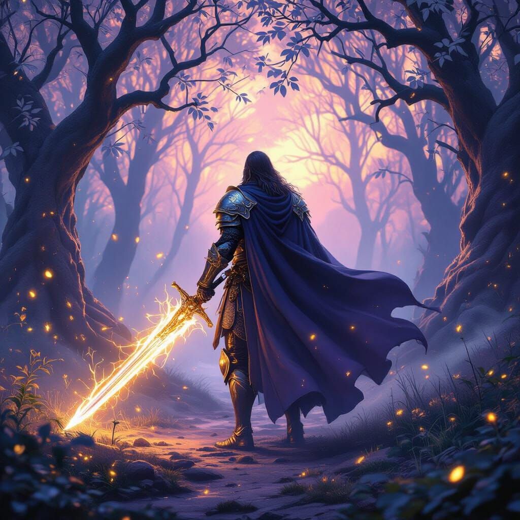 Hero with Glowing Sword in Twilight Forest