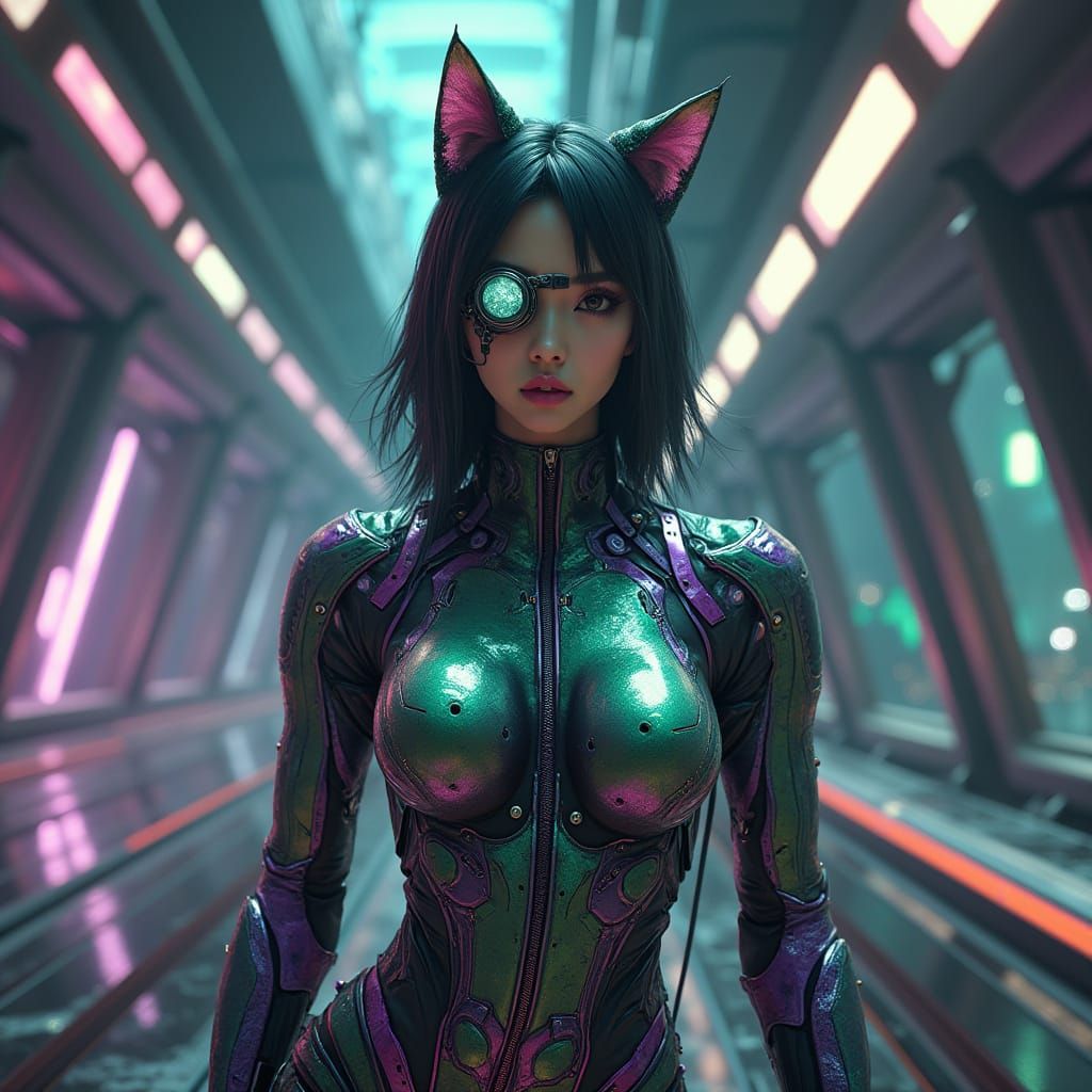 Cyberpunk Cat Woman Hulk in Starship Bridge