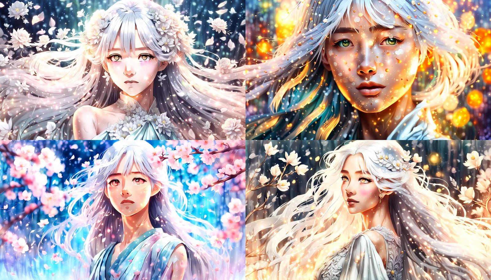 Anime Woman with Flowing White Hair in Silver Dress