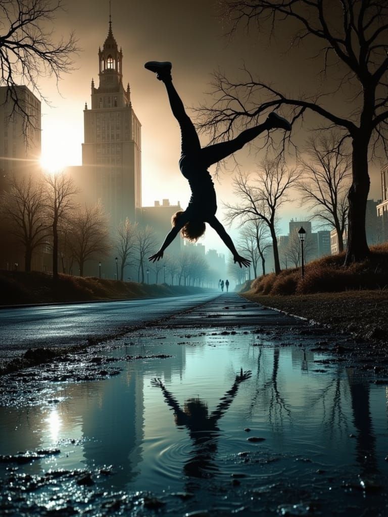 Silhouette Jumper Defies Gravity Over Puddle Portal