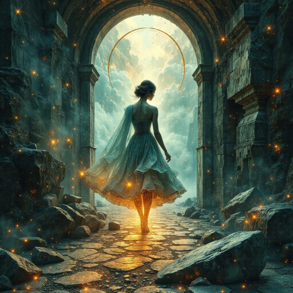 Ethereal Ghost Ascending to Heavenly Portal in Cubist Style