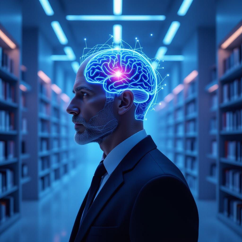 Man with Glowing Neural Network Brain in Futuristic Library