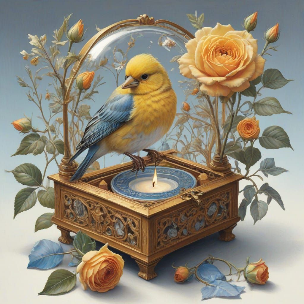 Ethereal Tempera Painting of a Canary in Icy Porcelain Armor