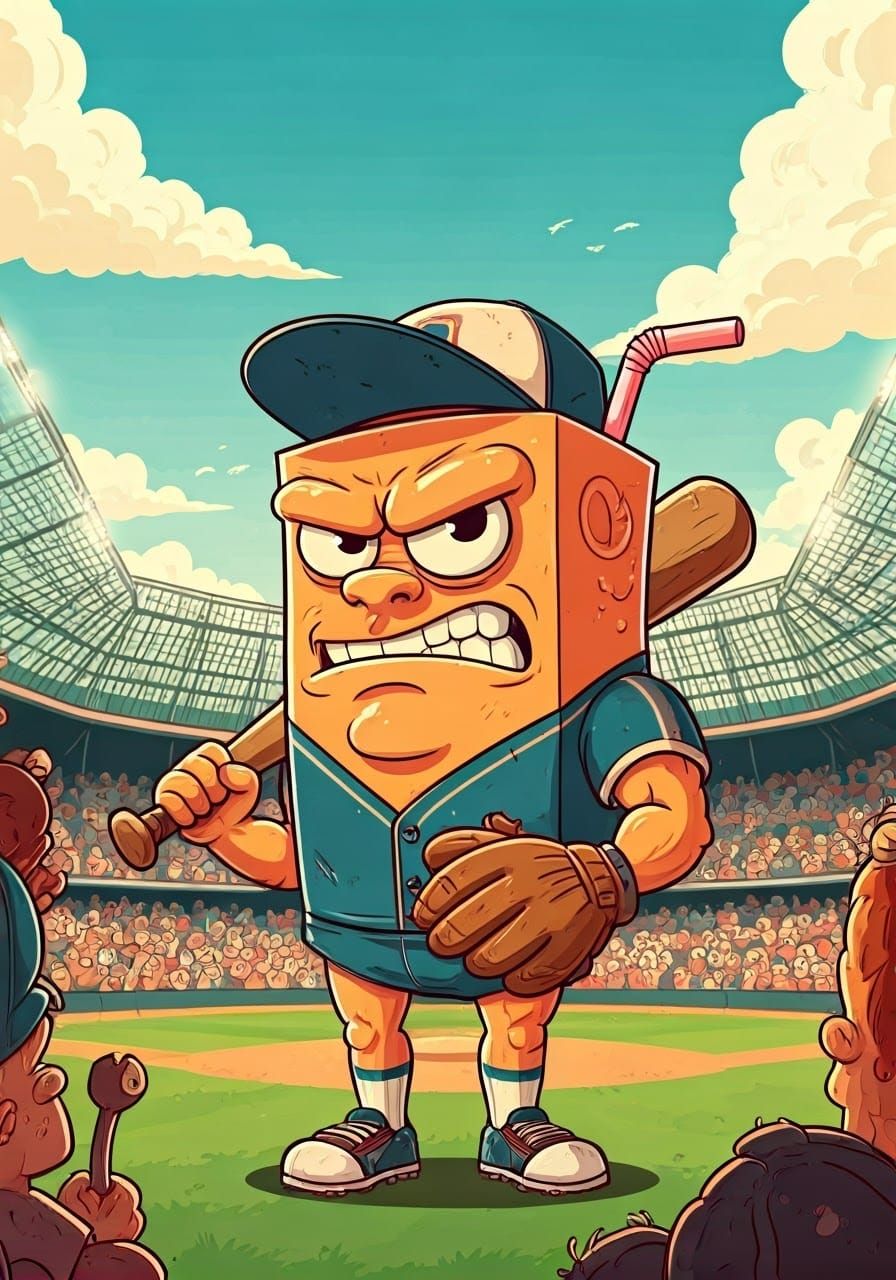 Cartoon Juice Box Mascot on Baseball Field