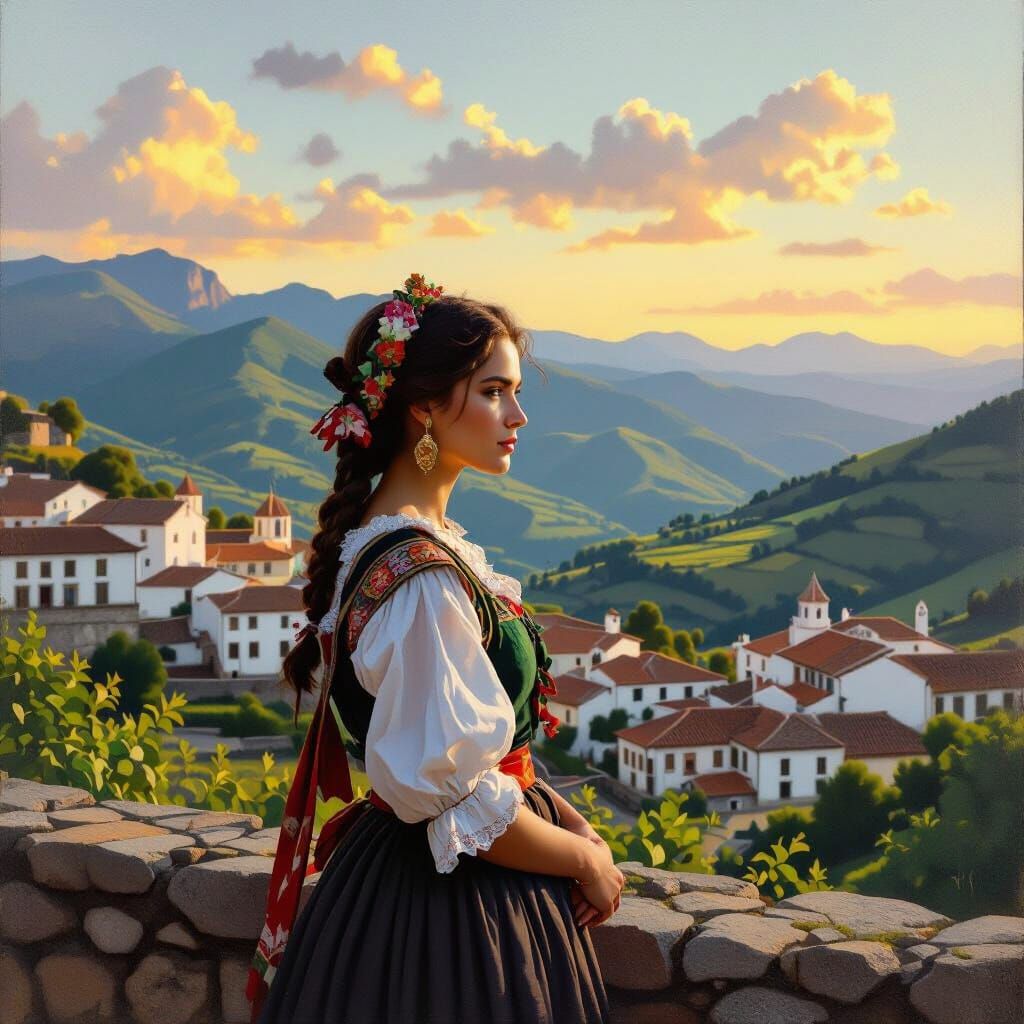 Woman in Traditional Lousã Attire at Golden Hour