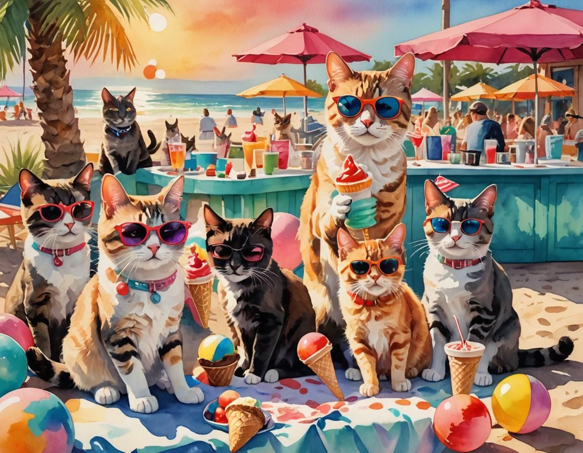 Cats Enjoying Ice Cream: Watercolor Beach Bar Scene