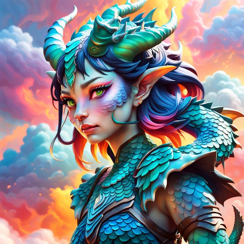 Dragon Girl with Scales in Hyperrealistic Splash Art