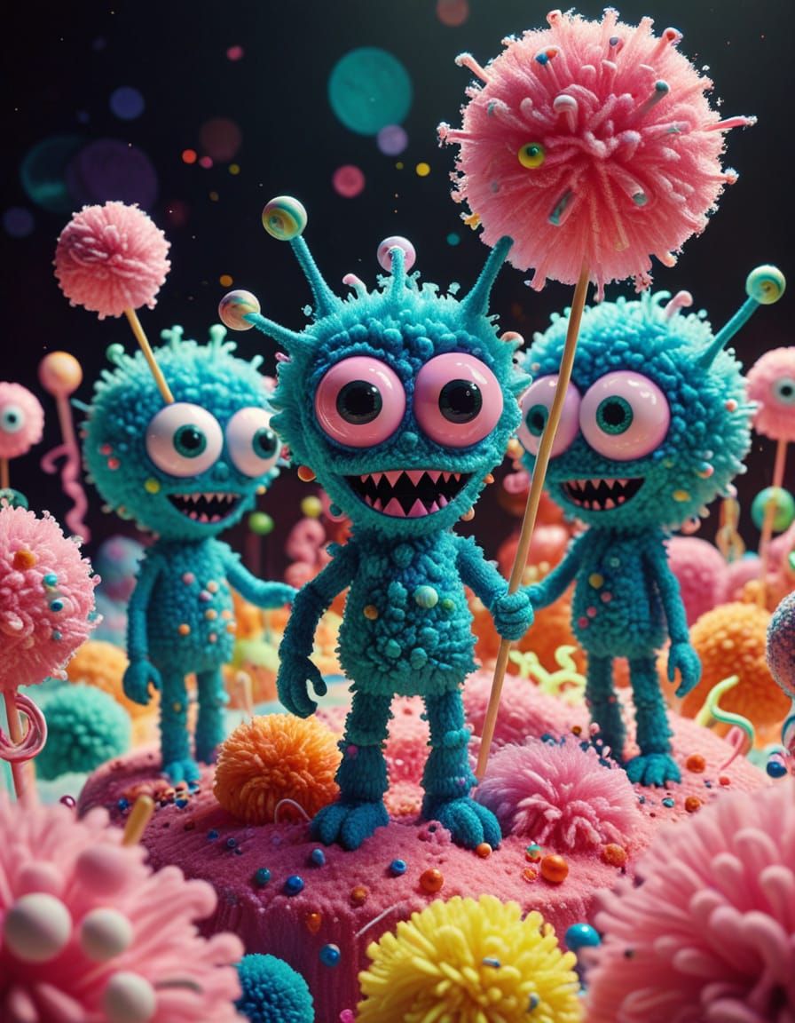 Surreal Alien Parade with Pom-Pom Floats in 3D Style
