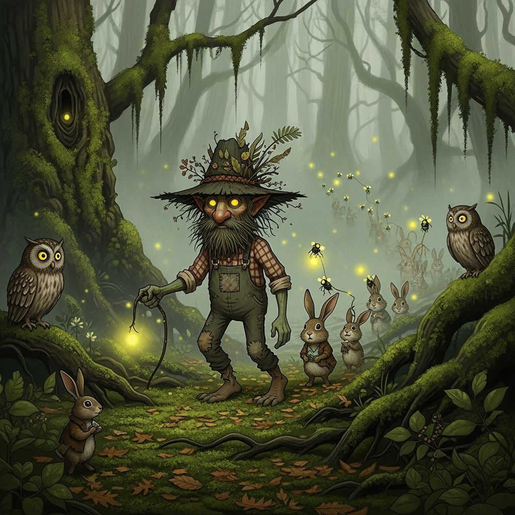 Mystical Moss Creature Guiding Forest Animals