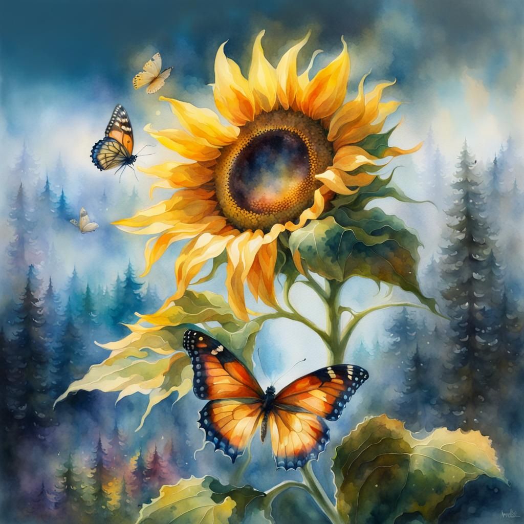 Watercolor Sunflower and Butterfly Double Exposure