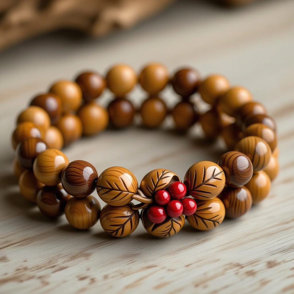 Whimsical Wooden Bracelet with Carved Cherries and Leaves