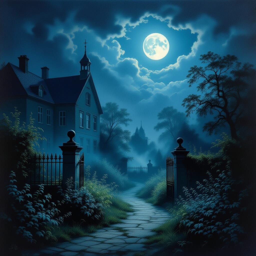 Ethereal Nocturne Oil Painting of Moonlit Asylum