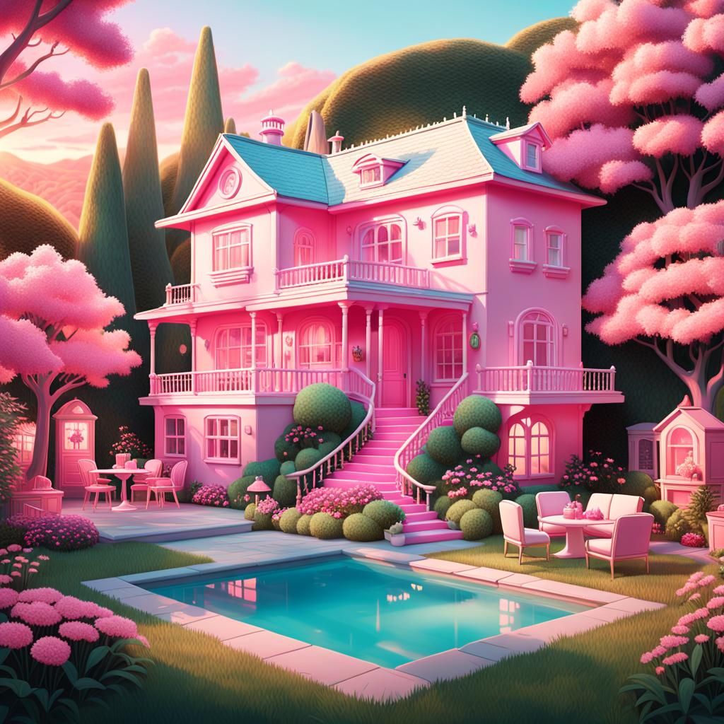 Pink Barbie House in Pastel Colors, Digital Matte Painting