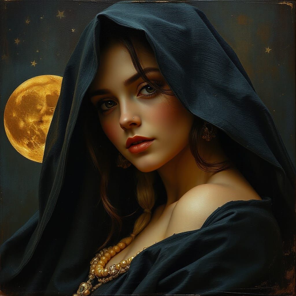 Ethereal Woman in Velvet Shadows with Gold Accents