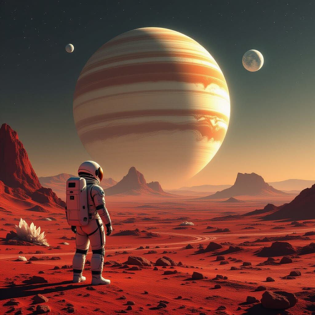 Astronaut Gazes at Ringed Giant on Crimson Planet
