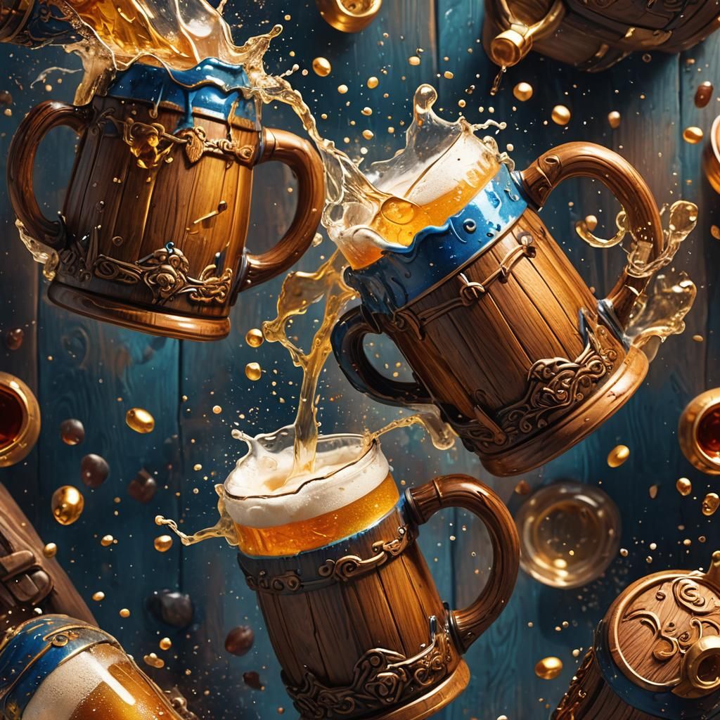 Frothy Beer Mugs Toast in Fantasy Art Style