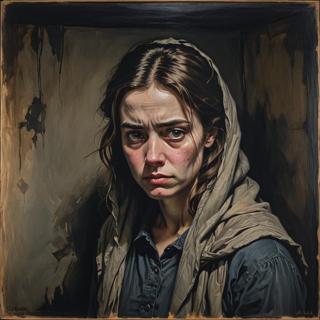 Anxious Woman Portrait in Dark Attic