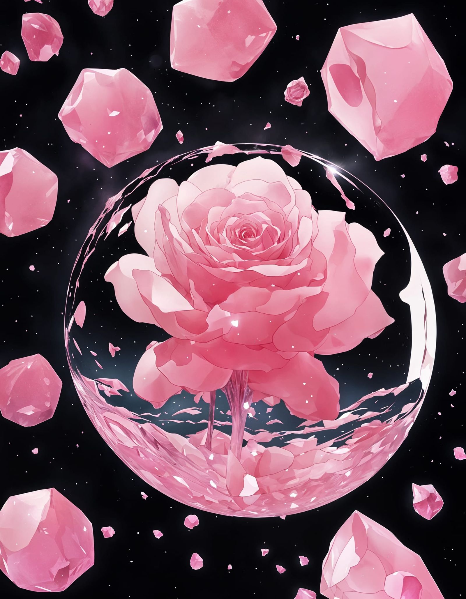 Dreamy, Ethereal Anime Art of a Sparkling, Pink Rose Petal S...