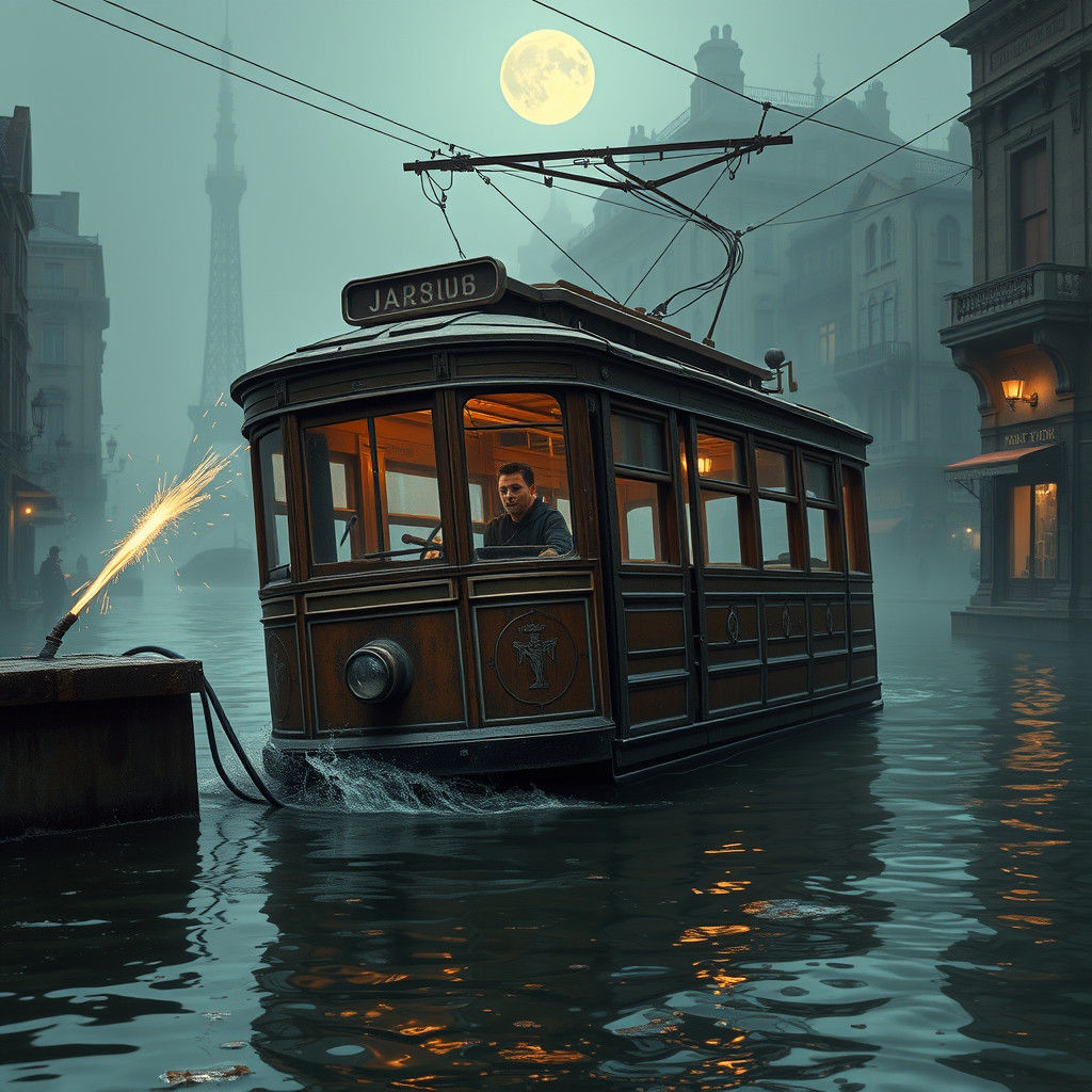 Vintage Trolleybus Sinking in Canal with Sparks, Industrial ...