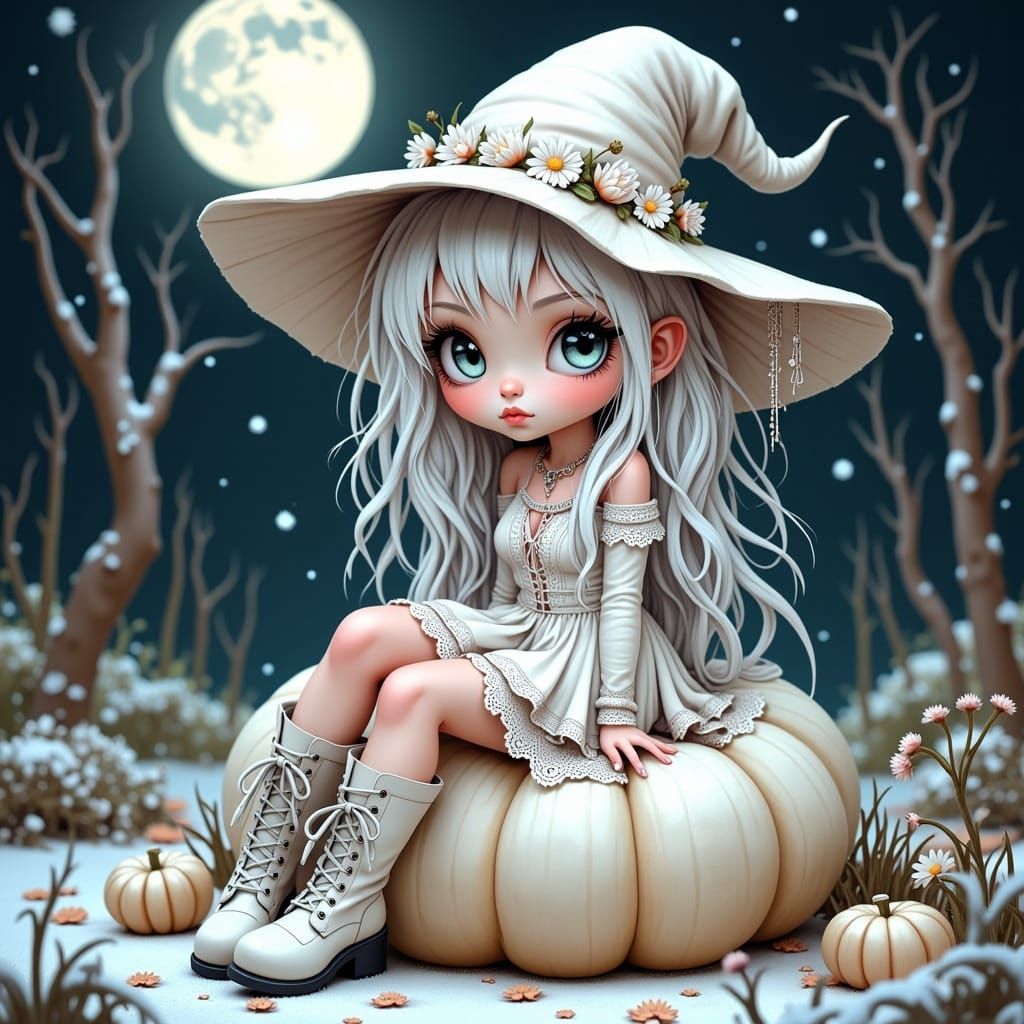 Chibi Witch on Pumpkin in Art Nouveau Gothic Style