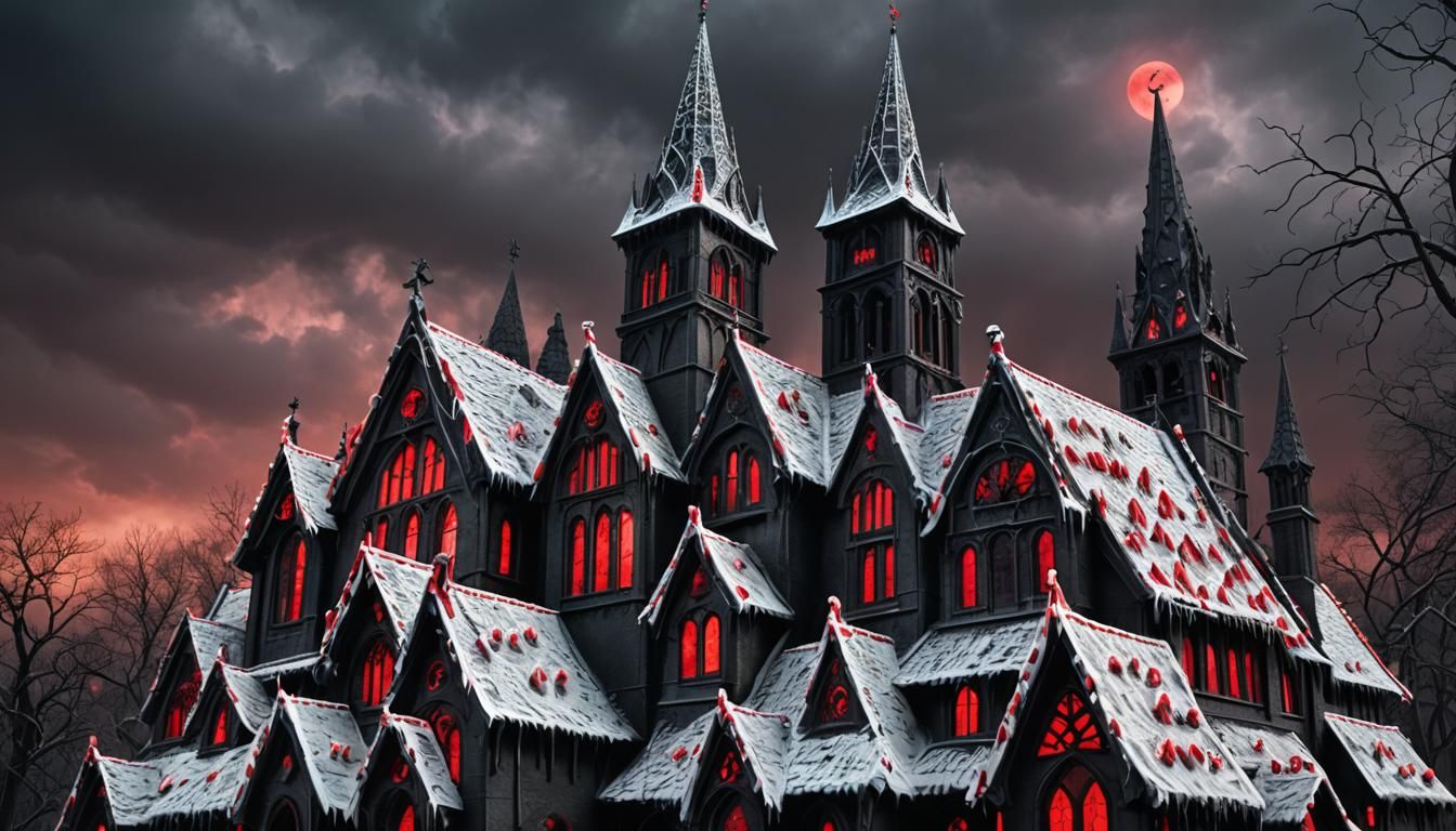 Dark Gothic Gingerbread Cathedral with Red Windows