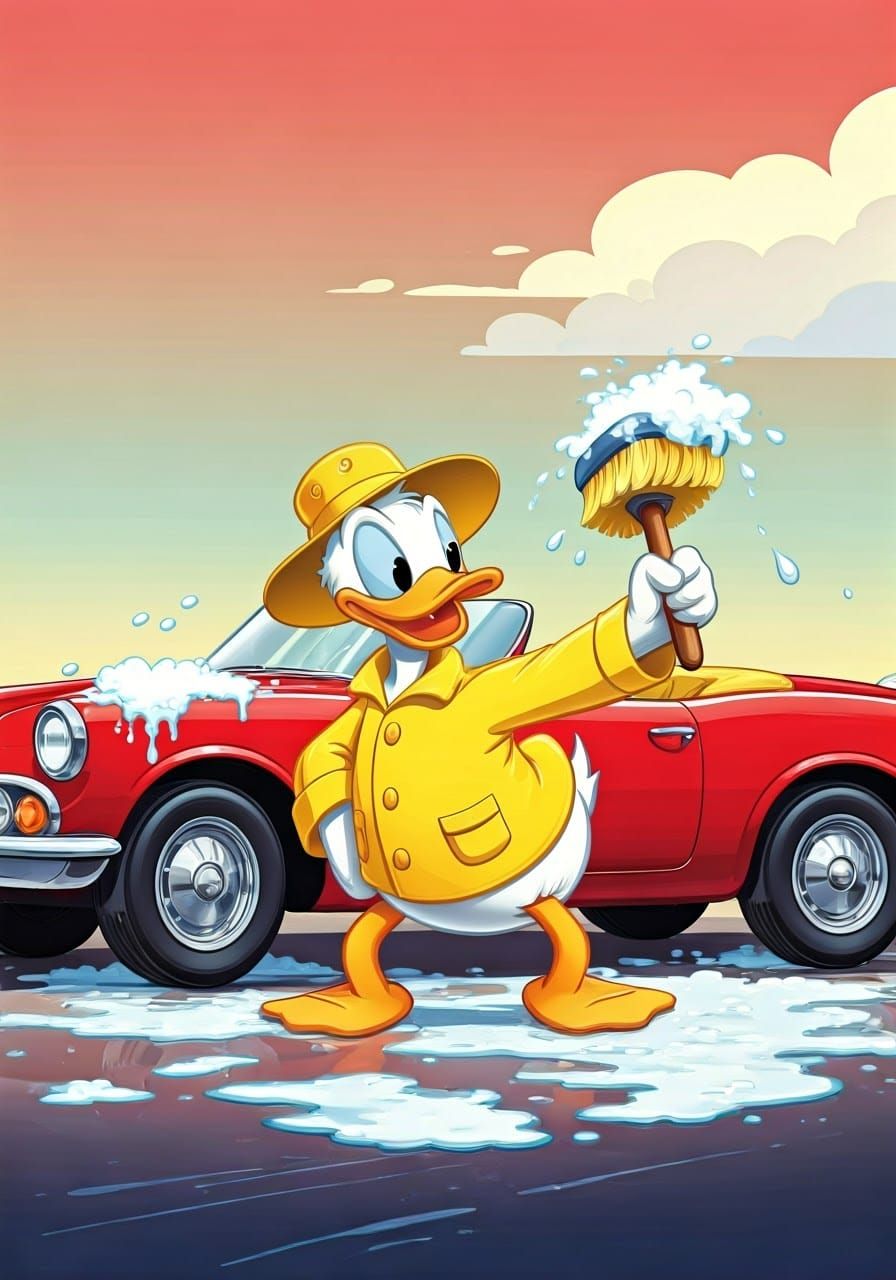 Donald Duck washing a car