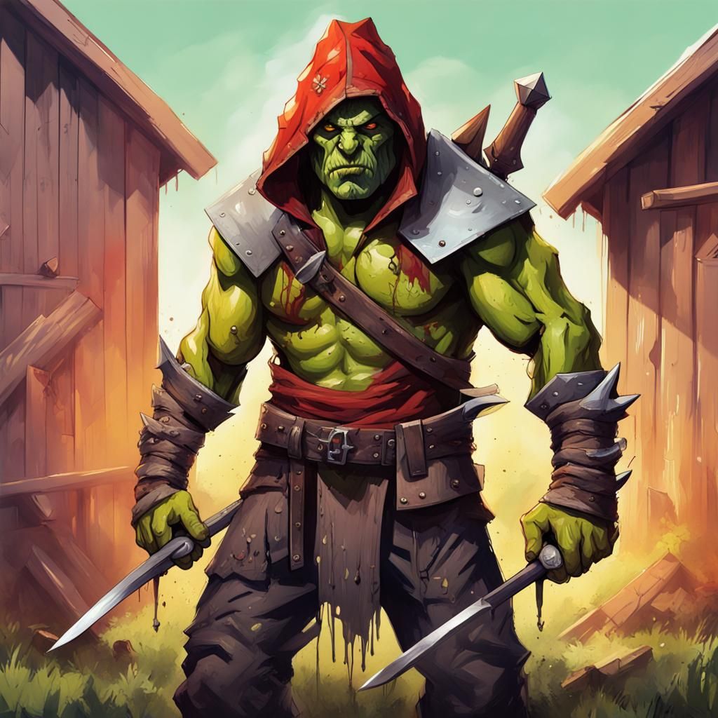 Half-Orc Fighter on Farm in Graffiti Art Style