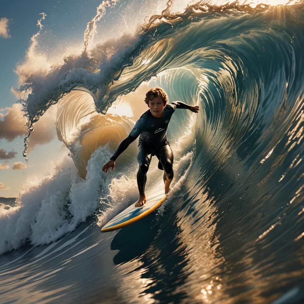Boy Surfing a Wave in Hyper-Realistic Style