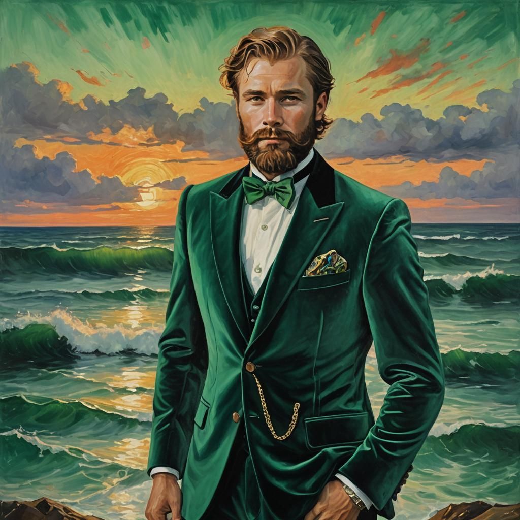 Nordic Man in Emerald Velvet Suit at Sunset