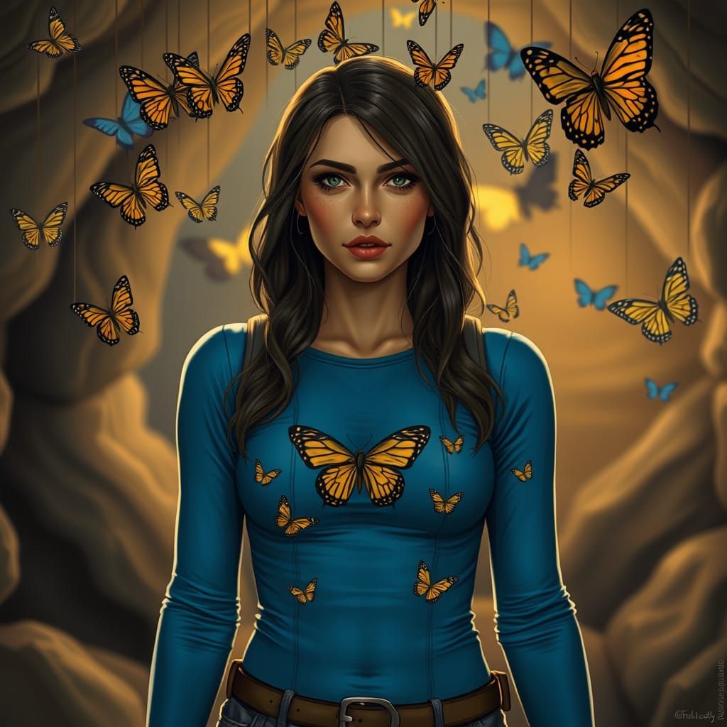 Post-Apocalyptic Warrior Surrounded by Fluttering Butterflie...