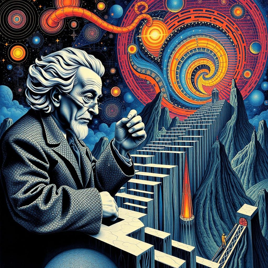 Surreal Handshake on Escher's Stairs in Gothic-Futuristic St...