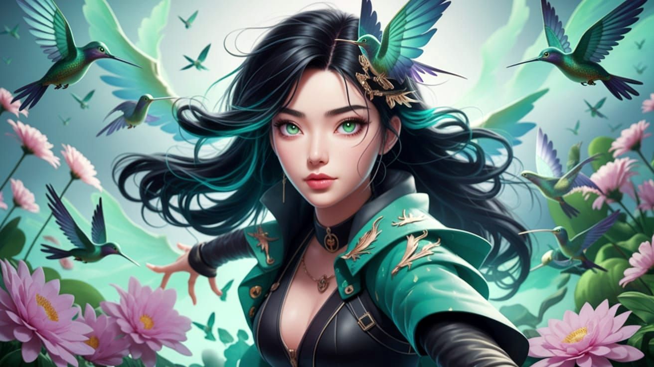 Hummingbird Woman Leaping with Daggers in Airbrushed Style