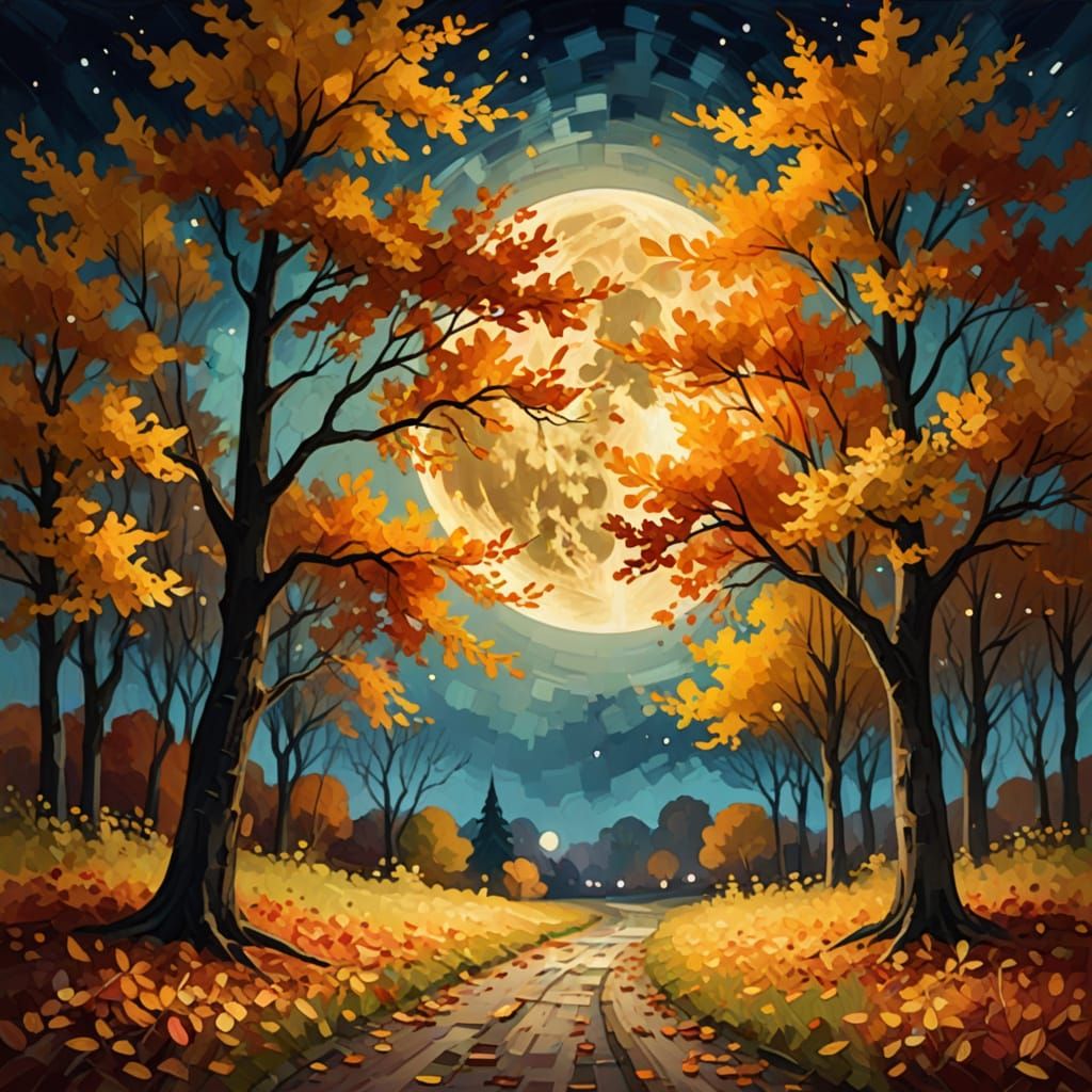 Impressionist Moon Over Autumn Trees in Oil