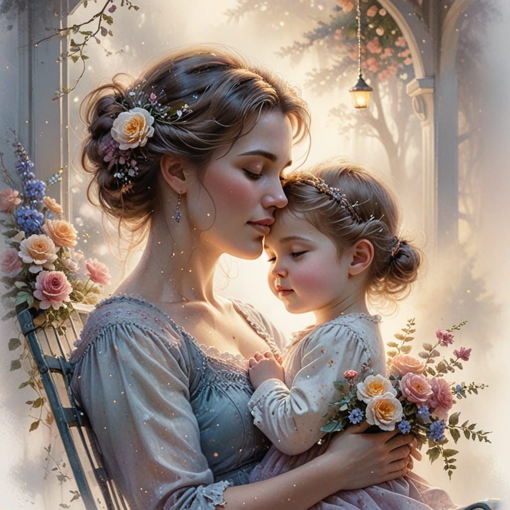 Ethereal Watercolour of Mother and Baby on Porch Swing