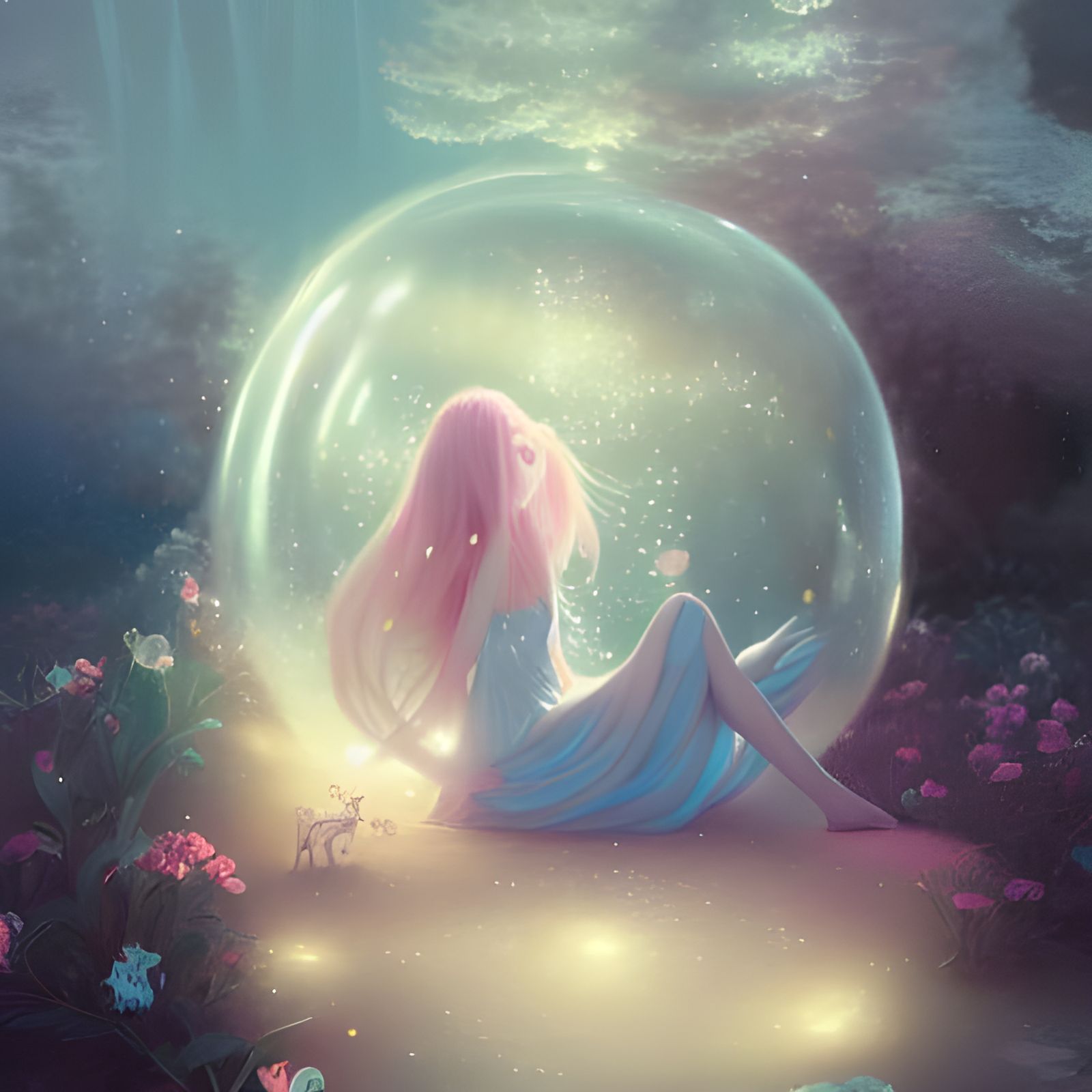 Fairy in Bubble with Luminous Crystals, Digital Art