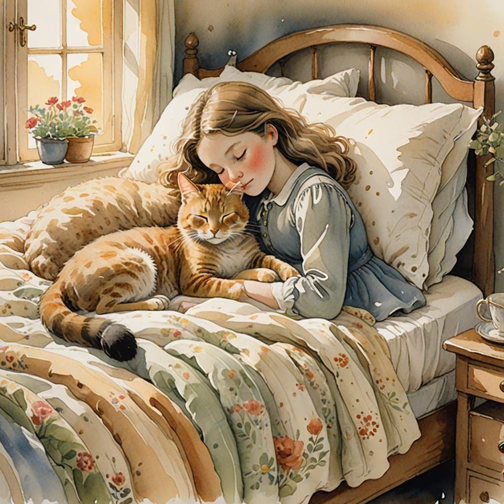 Little girl sleeping in her bed with her cat curled up next ...