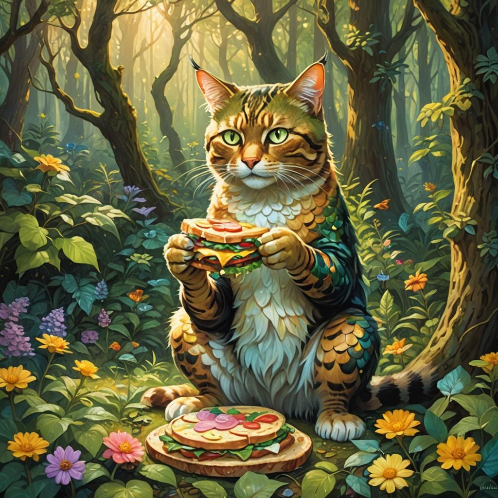 Fantasy Cat Eating Sandwich, Oil Painting Style