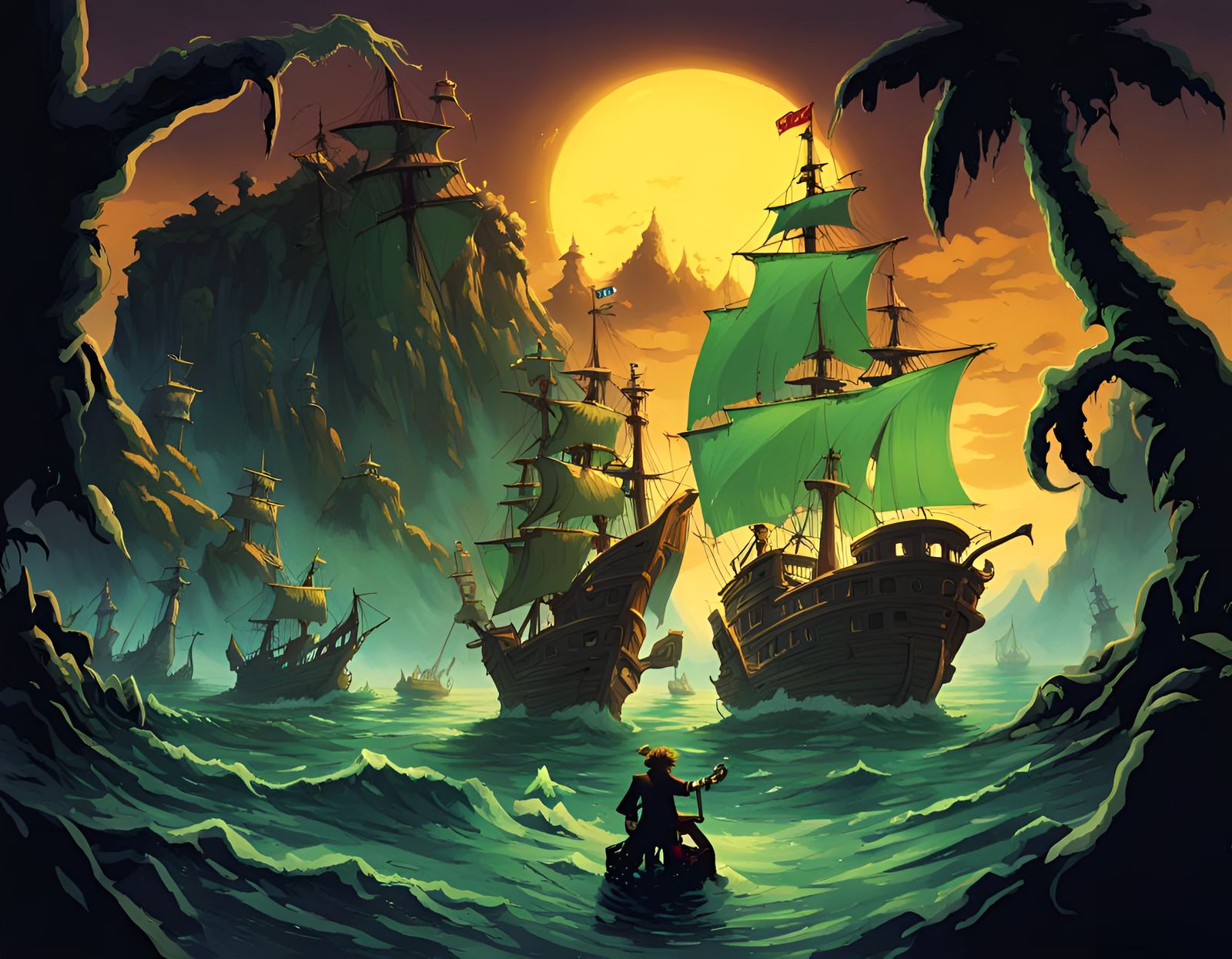 Voodoo Pirate Ship on Volcano Island Night