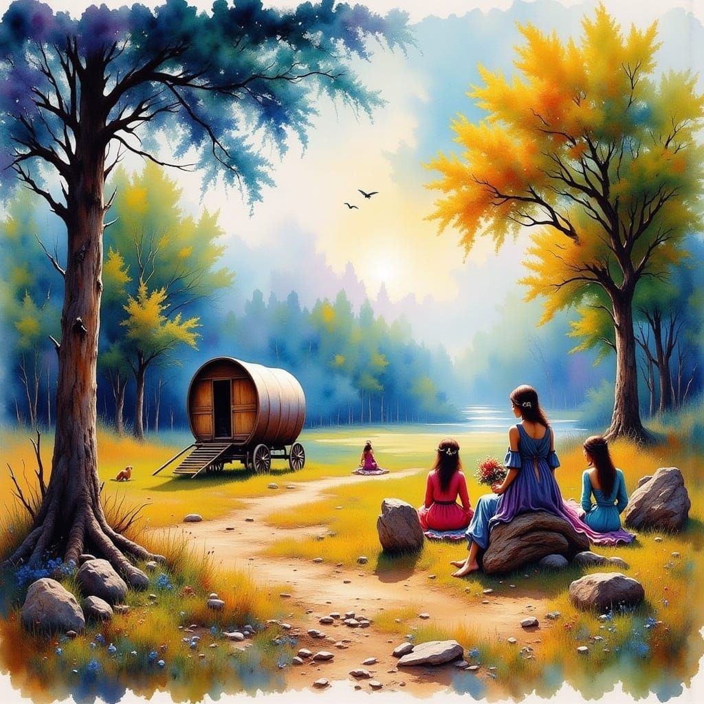 Watercolor Gypsy Camp with Campfire and Wagon