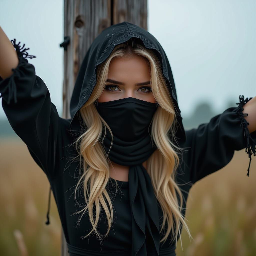 Woman in Scarecrow Attire in Stormy Meadow