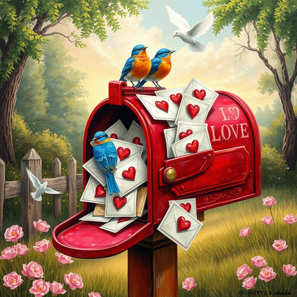 Whimsical Countryside Scene with Vintage Red Mailbox