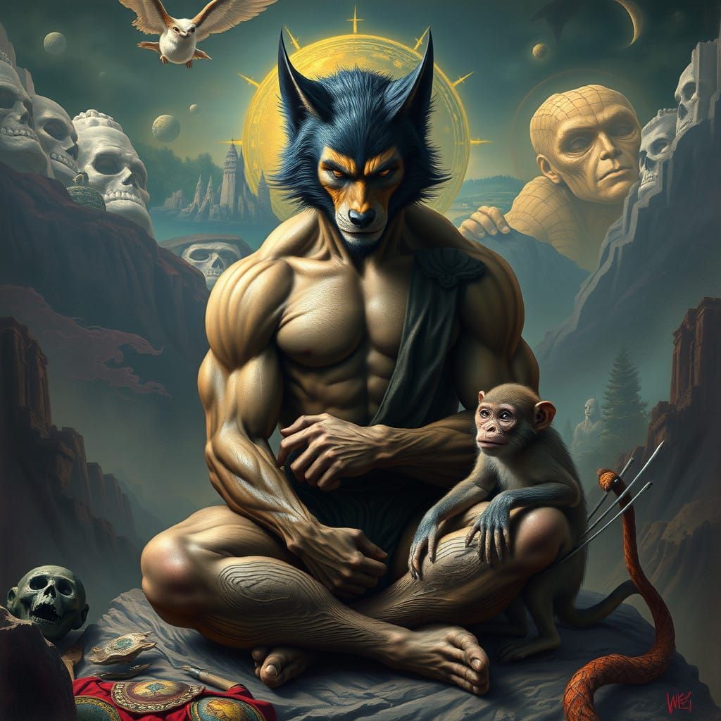 Mystical Wolverine Wolf Mona Monkey in Dreamlike Atmosphere