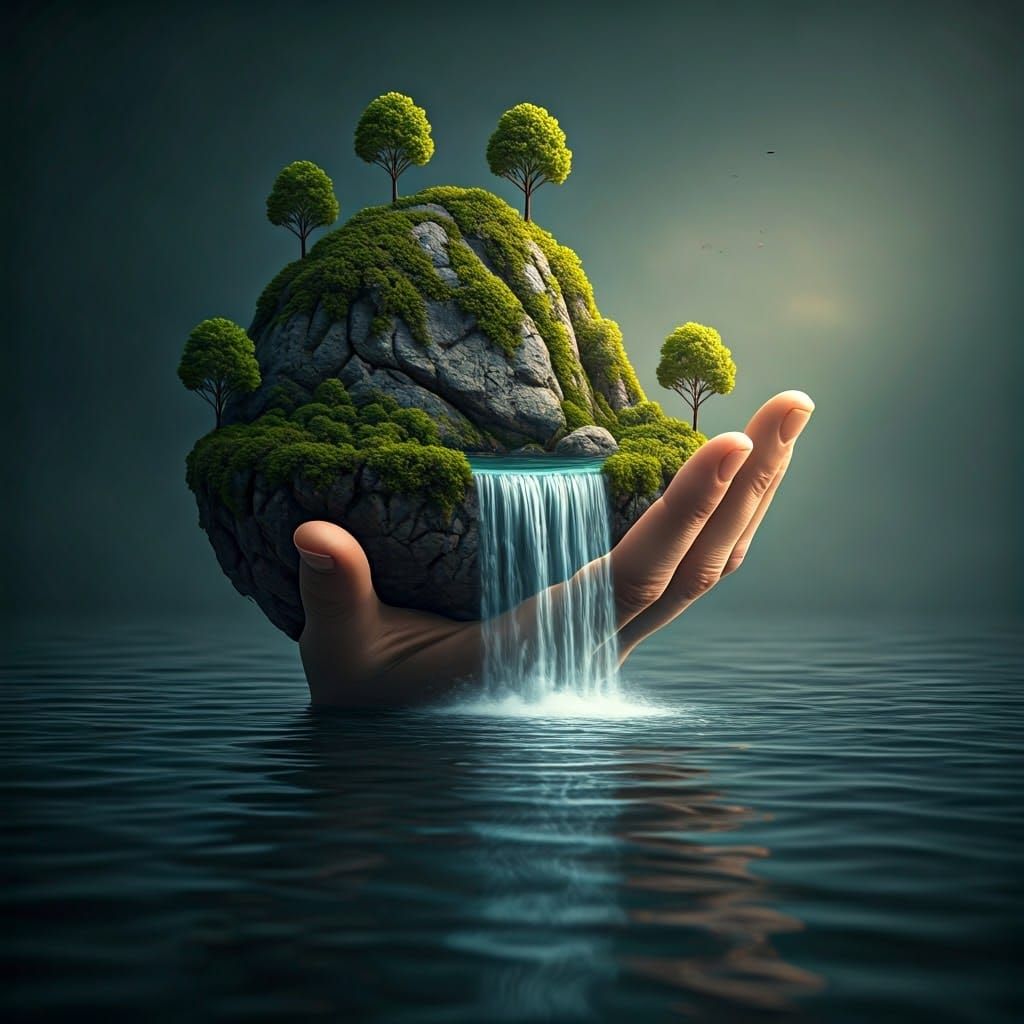 Surreal Stone Hand Landscape with River