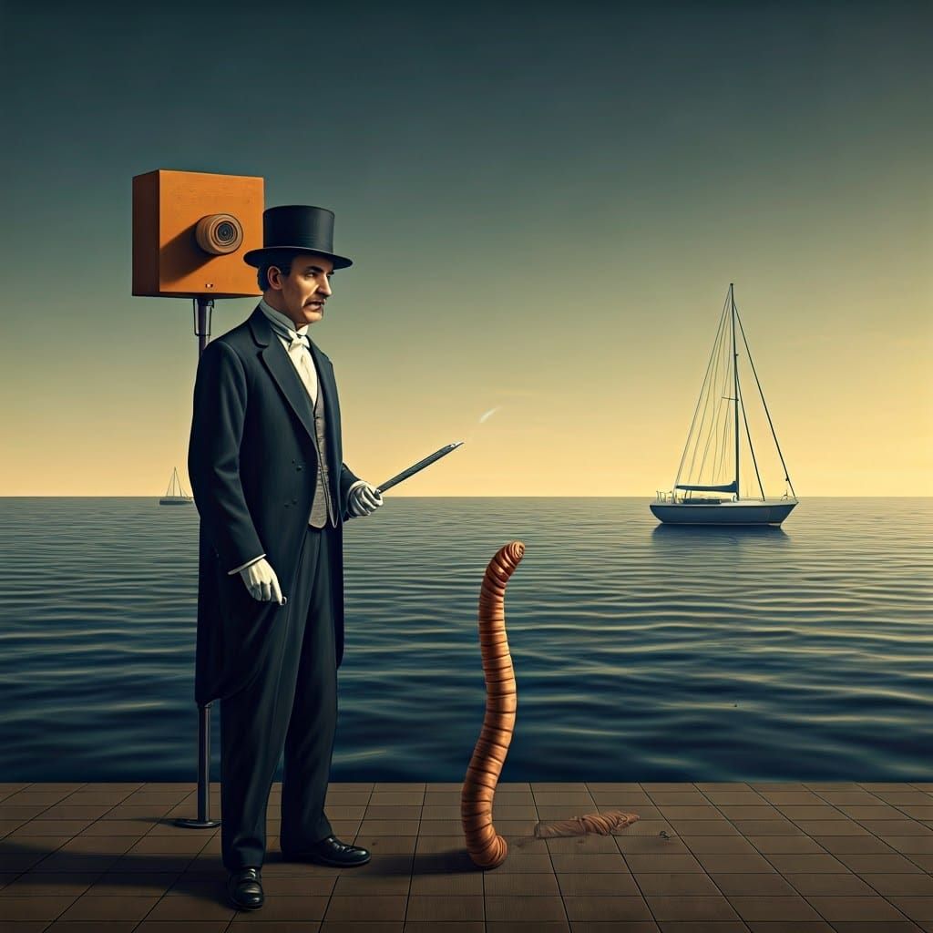 Surrealistic Harbour Scene with Magician and Worm