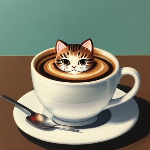 Cute Kitten in Coffee Cup: Gouache Painting