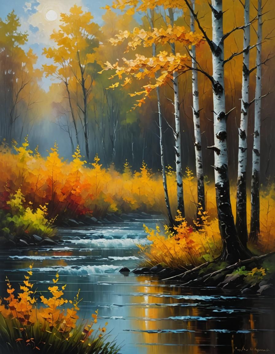 Autumn River Landscape as Impasto Oil Painting