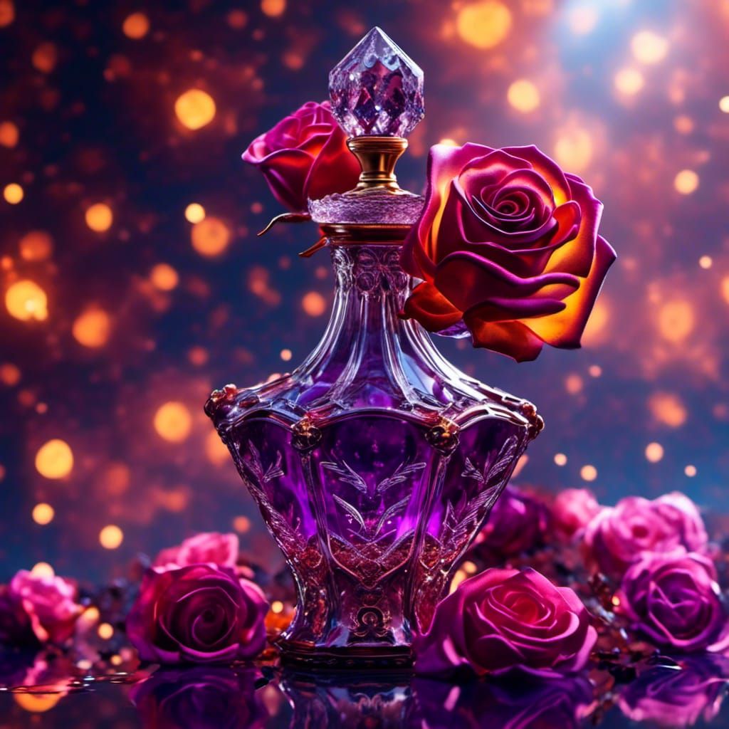 Ornate Crystal Decanter with Purple Glitter and Amber Roses